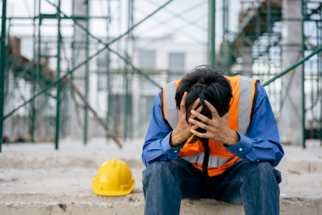 frustrated construction worker sitting with his head in his hands